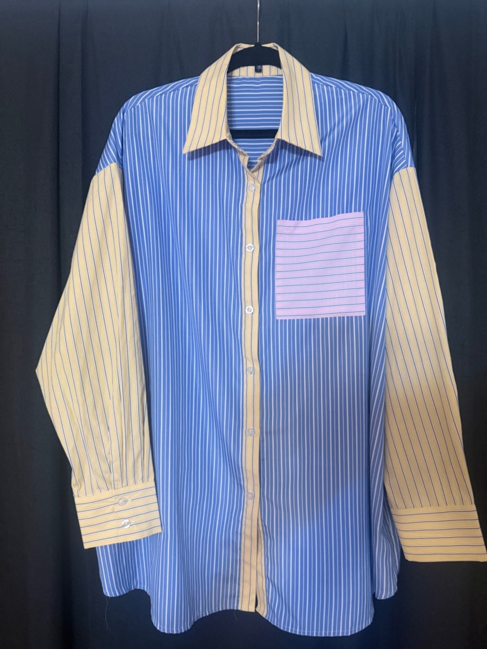 Fashion Nova Blue and Cream Striped Long Sleeve Shirt Dress with Pink Pocket